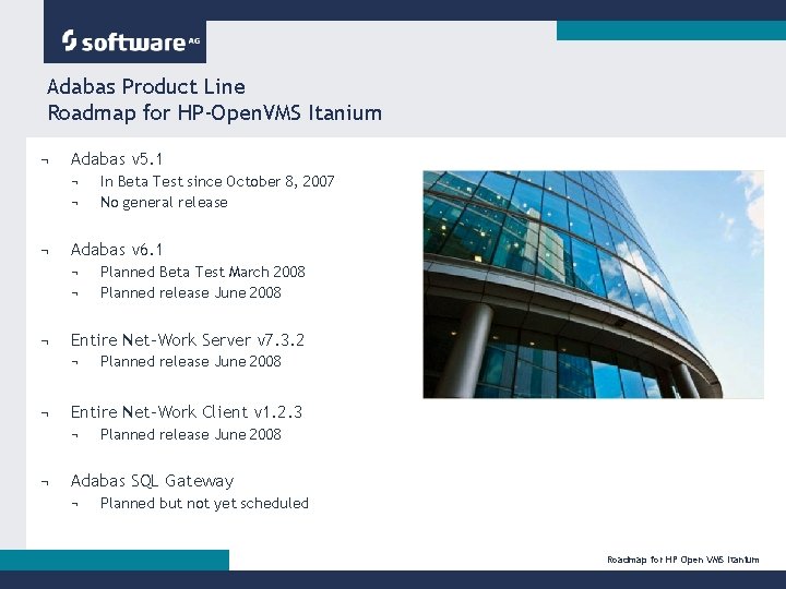 Adabas Product Line Roadmap for HP-Open. VMS Itanium ¬ Adabas v 5. 1 ¬