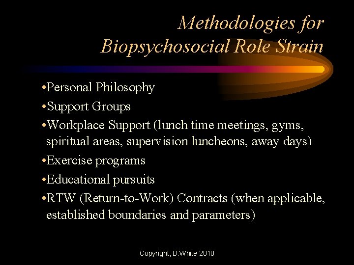 Methodologies for Biopsychosocial Role Strain • Personal Philosophy • Support Groups • Workplace Support