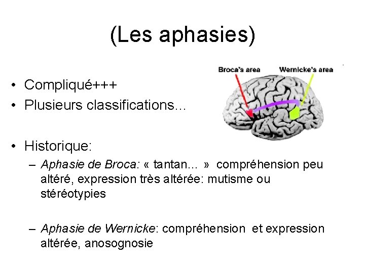 (Les aphasies) • Compliqué+++ • Plusieurs classifications… • Historique: – Aphasie de Broca: «