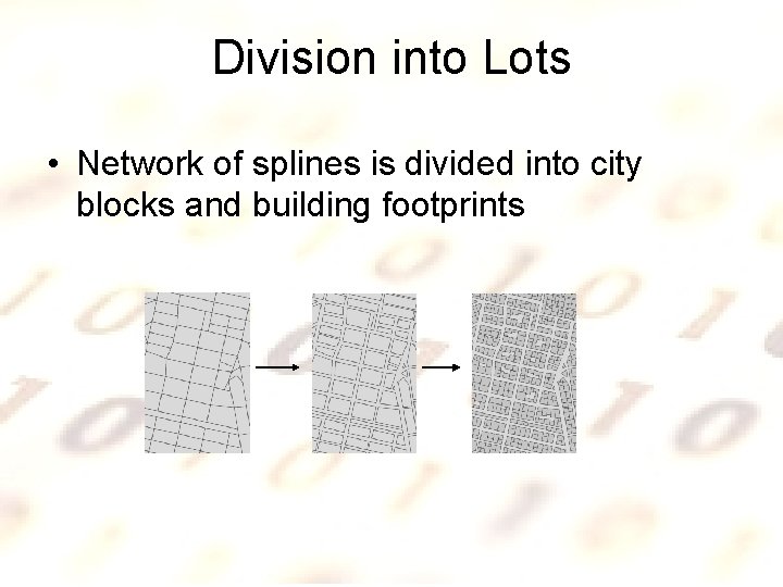 Division into Lots • Network of splines is divided into city blocks and building