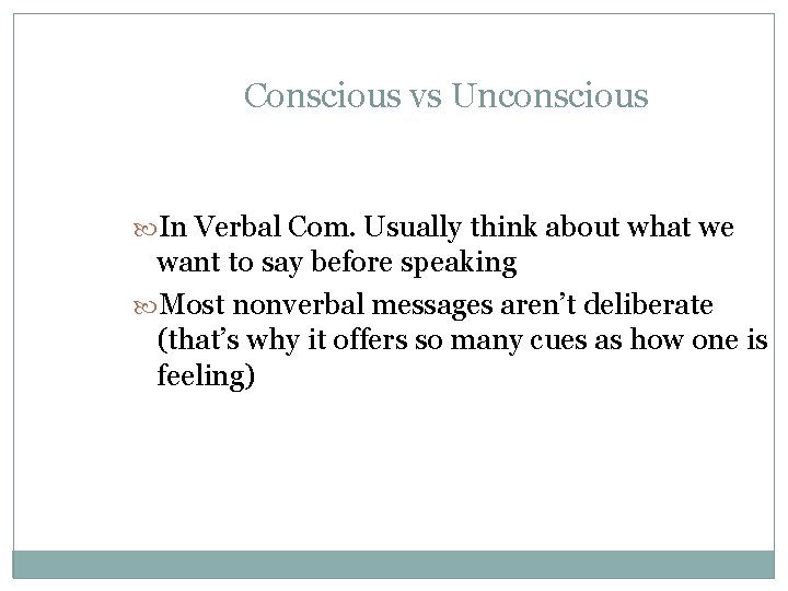 Conscious vs Unconscious In Verbal Com. Usually think about what we want to say Conscious vs Unconscious In Verbal Com. Usually think about what we want to say