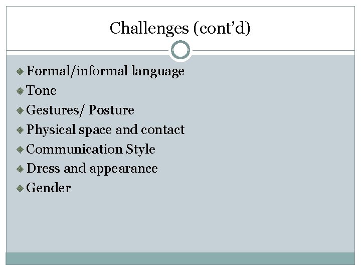 Challenges (cont’d) Formal/informal language Tone Gestures/ Posture Physical space and contact Communication Style Dress Challenges (cont’d) Formal/informal language Tone Gestures/ Posture Physical space and contact Communication Style Dress