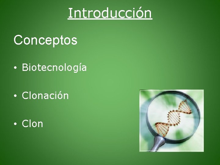 Introducción Conceptos • Biotecnología • Clonación • Clon 