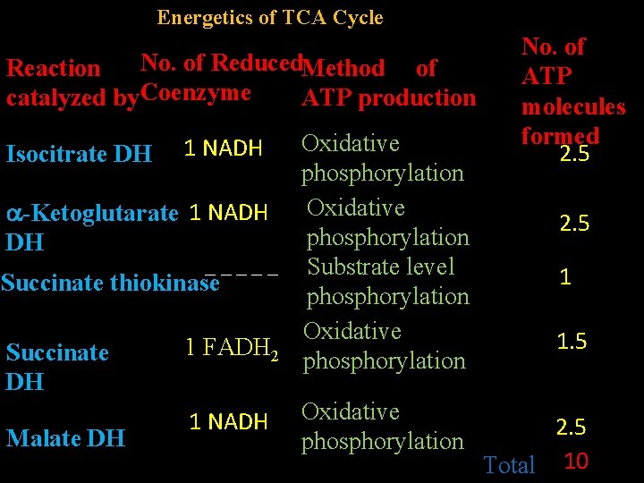  Energetics of TCA Cycle Reaction No. of Reduced Method of catalyzed by Coenzyme