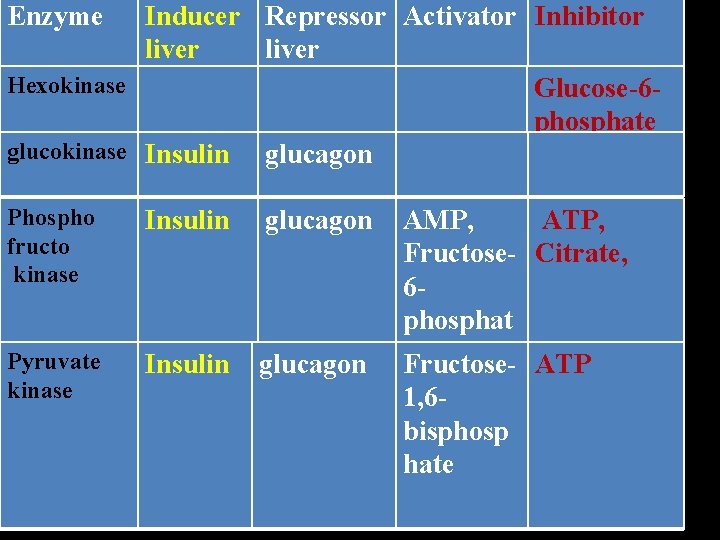 Enzyme Inducer Repressor Activator Inhibitor liver Hexokinase Glucose-6 phosphate glucokinase Insulin glucagon Phospho fructo