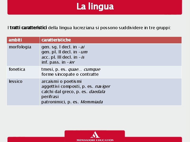 La lingua I tratti caratteristici della lingua lucreziana si possono suddividere in tre gruppi: