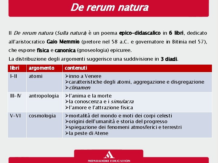 De rerum natura Il De rerum natura (Sulla natura) è un poema epico-didascalico in