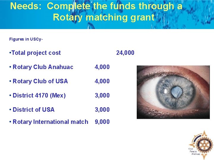 Needs: Complete the funds through a Rotary matching grant Figures in USCy- • Total