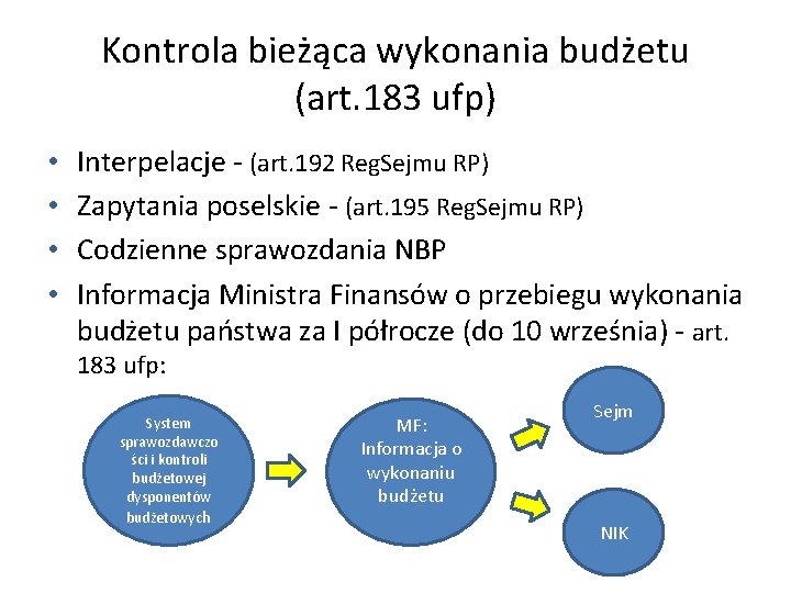 Kontrola bieżąca wykonania budżetu (art. 183 ufp) • • Interpelacje - (art. 192 Reg.