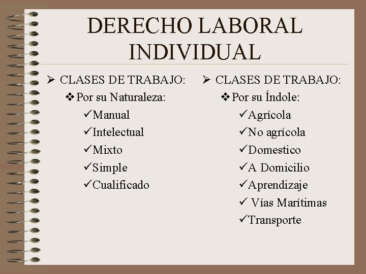 DERECHO LABORAL INDIVIDUAL Ø CLASES DE TRABAJO: v. Por su Naturaleza: üManual üIntelectual üMixto DERECHO LABORAL INDIVIDUAL Ø CLASES DE TRABAJO: v. Por su Naturaleza: üManual üIntelectual üMixto