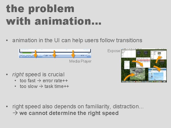 the problem with animation… • animation in the UI can help users follow transitions