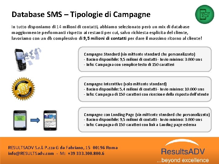 Database SMS – Tipologie di Campagne In tutto disponiamo di 14 milioni di contatti,