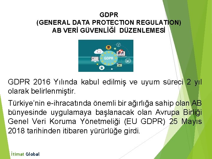 GDPR (GENERAL DATA PROTECTION REGULATION) AB VERİ GÜVENLİĞİ DÜZENLEMESİ GDPR 2016 Yılında kabul edilmiş