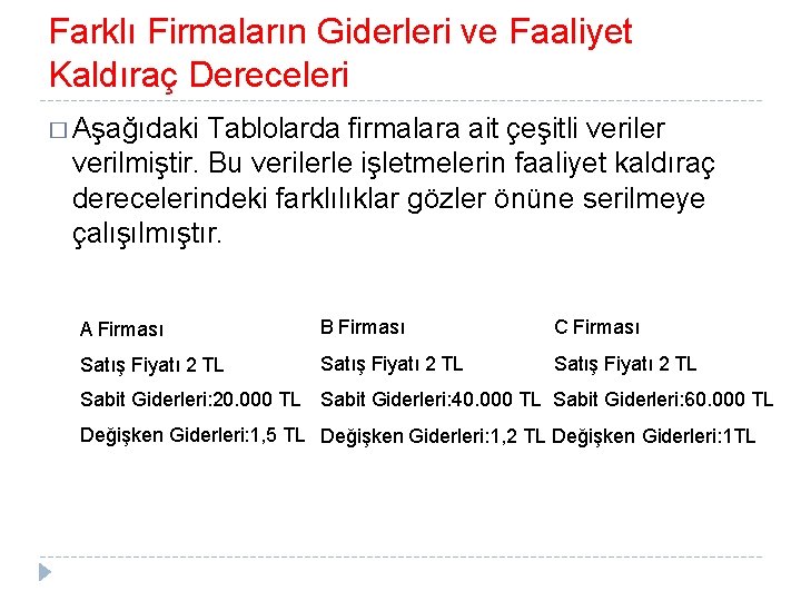 Farklı Firmaların Giderleri ve Faaliyet Kaldıraç Dereceleri � Aşağıdaki Tablolarda firmalara ait çeşitli veriler