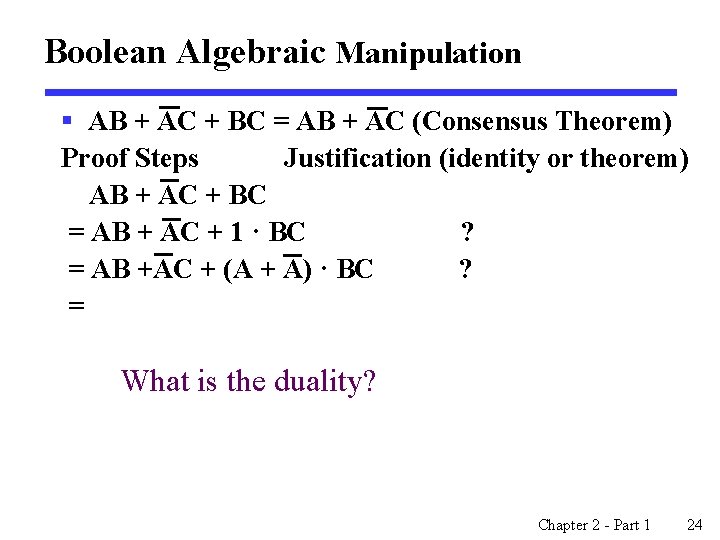 Boolean Algebraic Manipulation § AB + AC + BC = AB + AC (Consensus