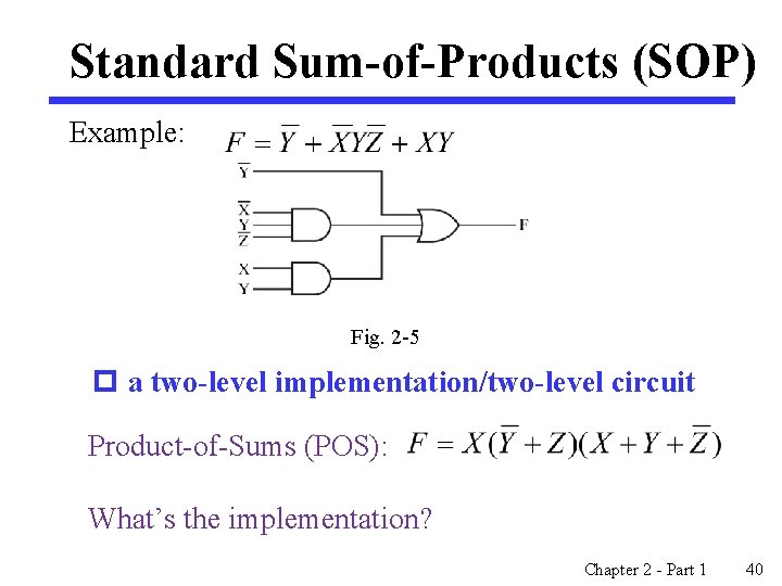 Standard Sum-of-Products (SOP) Example: Fig. 2 -5 p a two-level implementation/two-level circuit Product-of-Sums (POS):