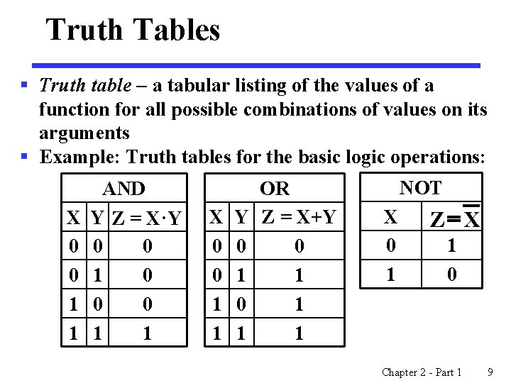 Truth Tables § Truth table - a tabular listing of the values of a