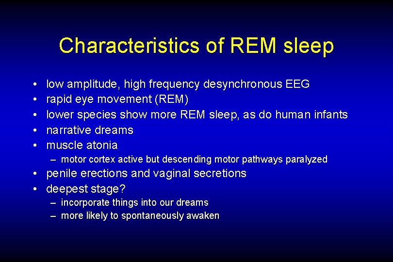 Characteristics of REM sleep • • • low amplitude, high frequency desynchronous EEG rapid