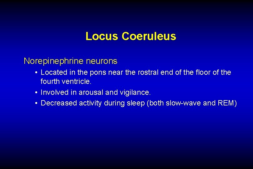 Locus Coeruleus Norepinephrine neurons • Located in the pons near the rostral end of