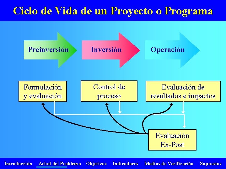 Ciclo de Vida de un Proyecto o Programa Preinversión Formulación y evaluación Inversión Operación