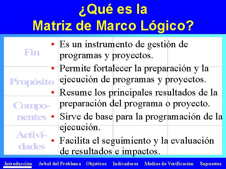 ¿Qué es la Matriz de Marco Lógico? • Es un instrumento de gestión de