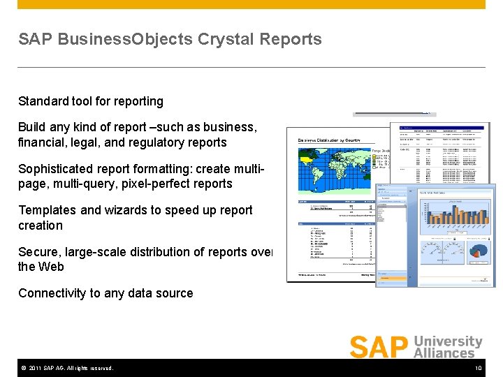 SAP Business. Objects Crystal Reports Standard tool for reporting Build any kind of report SAP Business. Objects Crystal Reports Standard tool for reporting Build any kind of report