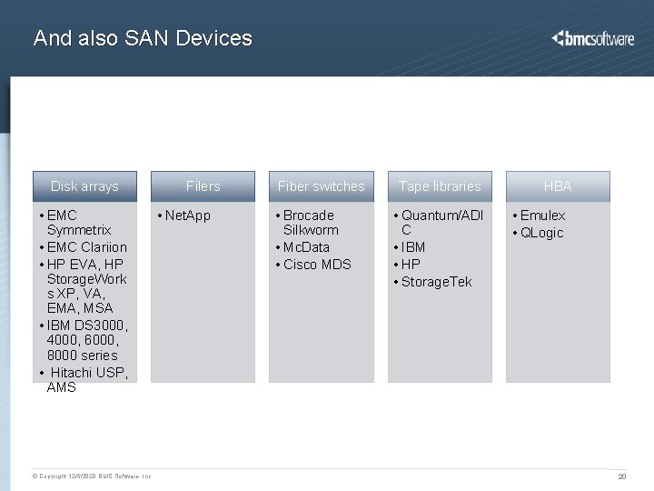 And also SAN Devices Disk arrays • EMC Symmetrix • EMC Clariion • HP