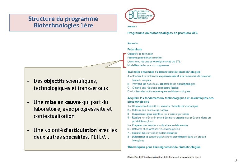 Structure du programme Biotechnologies 1ère - Des objectifs scientifiques, technologiques et transversaux - Une