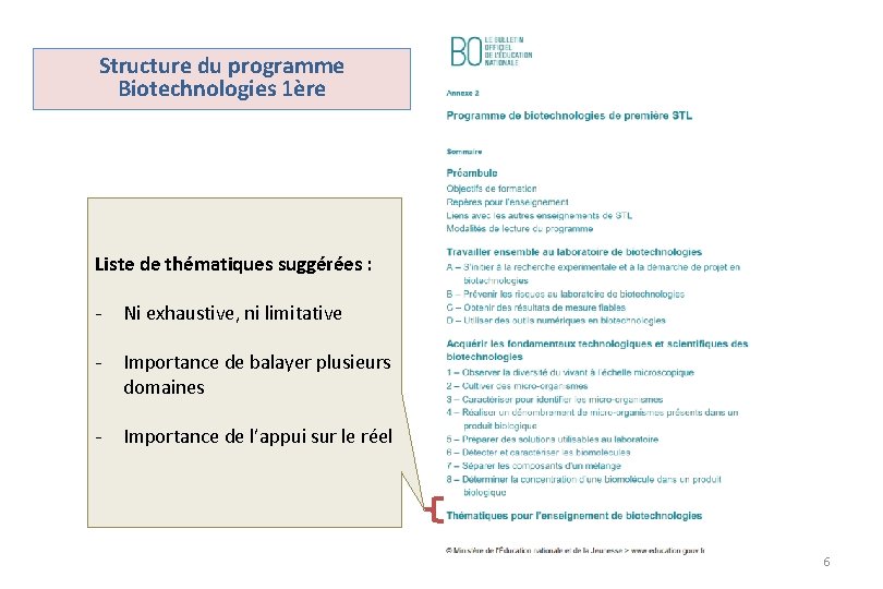 Structure du programme Biotechnologies 1ère Liste de thématiques suggérées : - Ni exhaustive, ni