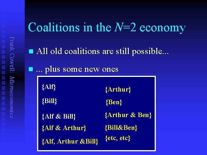 Coalitions in the N=2 economy Frank Cowell: Microeconomics n All old coalitions are still