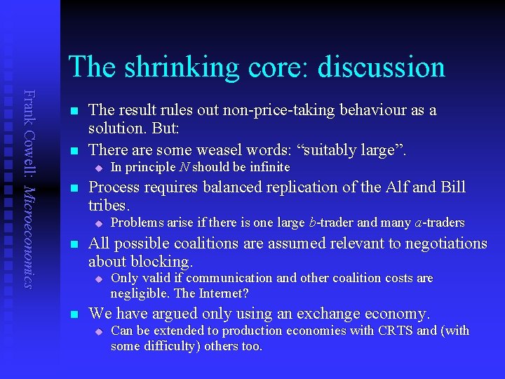 The shrinking core: discussion Frank Cowell: Microeconomics n n The result rules out non-price-taking