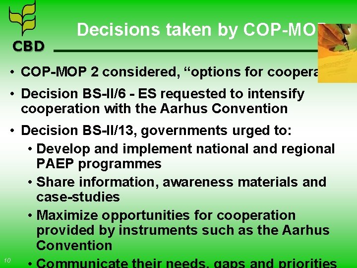CBD Decisions taken by COP-MOP • COP-MOP 2 considered, “options for cooperation” • Decision