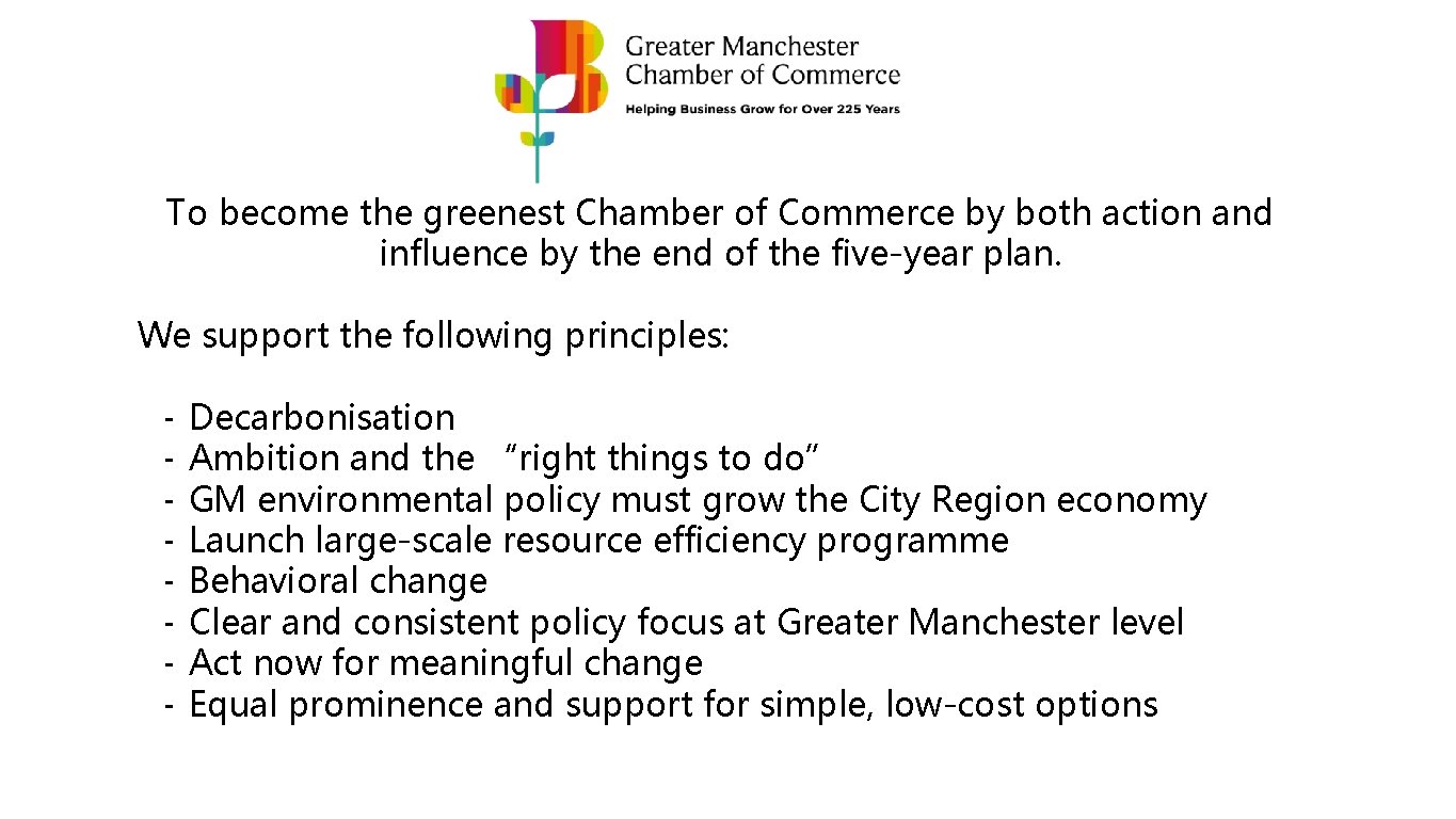 To become the greenest Chamber of Commerce by both action and influence by the