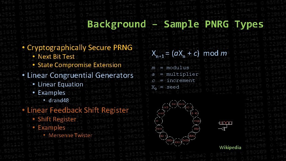 Background – Sample PNRG Types • Cryptographically Secure PRNG • Next Bit Test •