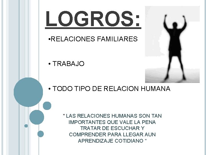 LOGROS: • RELACIONES FAMILIARES • TRABAJO • TODO TIPO DE RELACION HUMANA “ LAS