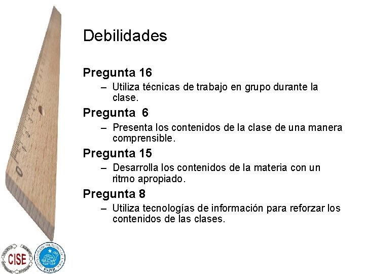 Debilidades Pregunta 16 – Utiliza técnicas de trabajo en grupo durante la clase. Pregunta
