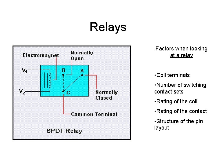 Relays Factors when looking at a relay • Coil terminals • Number of switching