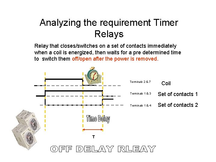 Analyzing the requirement Timer Relays Relay that closes/switches on a set of contacts immediately