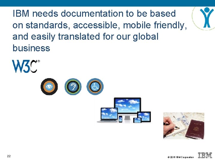 IBM needs documentation to be based on standards, accessible, mobile friendly, and easily translated