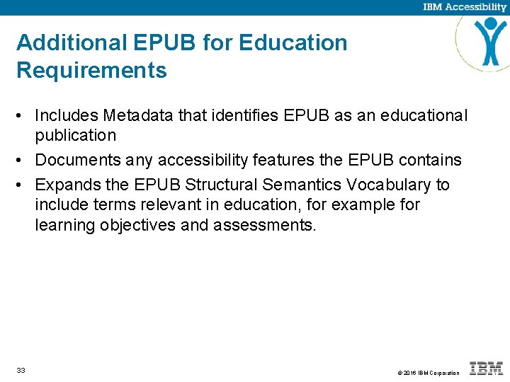 Additional EPUB for Education Requirements • Includes Metadata that identifies EPUB as an educational