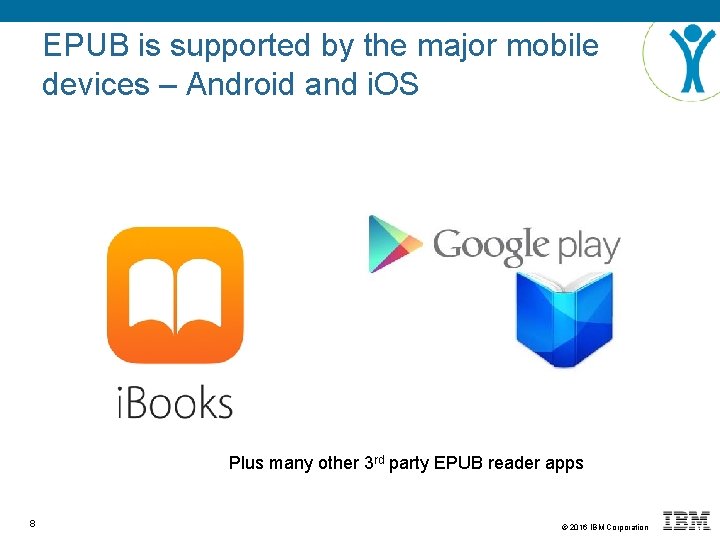 EPUB is supported by the major mobile devices – Android and i. OS Plus