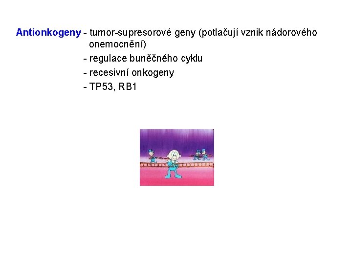 Antionkogeny - tumor-supresorové geny (potlačují vznik nádorového onemocnění) - regulace buněčného cyklu - recesivní
