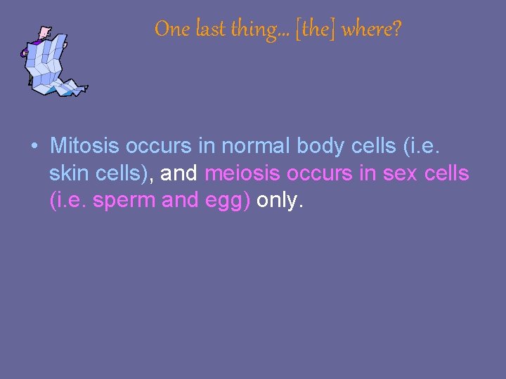 One last thing… [the] where? • Mitosis occurs in normal body cells (i. e.