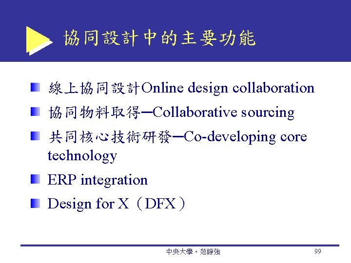 協同設計中的主要功能 線上協同設計Online design collaboration 協同物料取得─Collaborative sourcing 共同核心技術研發─Co-developing core technology ERP integration Design for X（DFX）