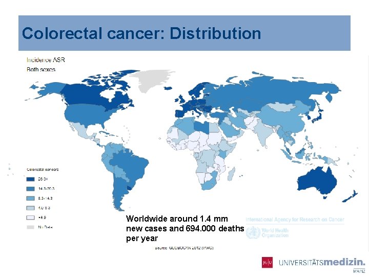 Colorectal cancer: Distribution Worldwide around 1. 4 mm new cases and 694. 000 deaths