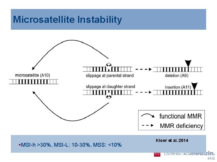 Microsatellite Instability §MSI-h >30%, MSI-L: 10 -30%, MSS: <10% Kloor et al. 2014 