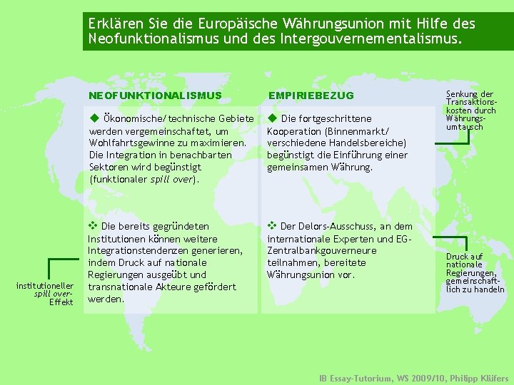 Erklären Sie die Europäische Währungsunion mit Hilfe des Neofunktionalismus und des Intergouvernementalismus. institutioneller spill