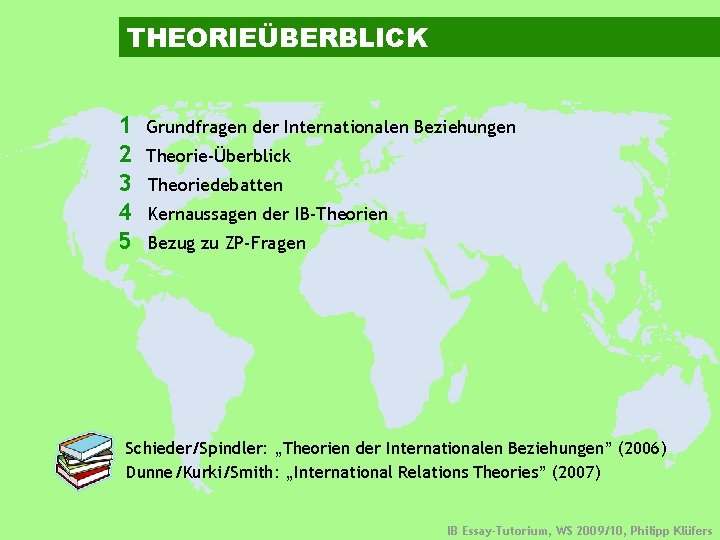 THEORIEÜBERBLICK 1 2 3 4 5 Grundfragen der Internationalen Beziehungen Theorie-Überblick Theoriedebatten Kernaussagen der