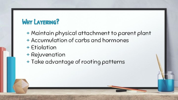 Why Layering? + Maintain physical attachment to parent plant + Accumulation of carbs and
