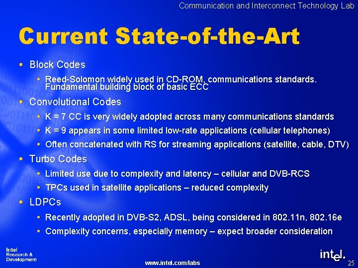 Communication and Interconnect Technology Lab Current State-of-the-Art Block Codes Reed-Solomon widely used in CD-ROM,